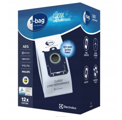 Wysokiej jakości, fabrycznie nowe syntetyczne worki S-BAG® Classic Long Performance E201SM do odkurzaczy Electrolux, AEG i Philips. Wyprodukowane w Szwecji.