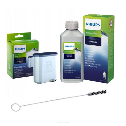 Oryginalny, fabrycznie nowy zestaw - filtr AquaClean CA6903 + odkamieniacz CA6700 250ml + wycior szczoteczka DeLonghi.